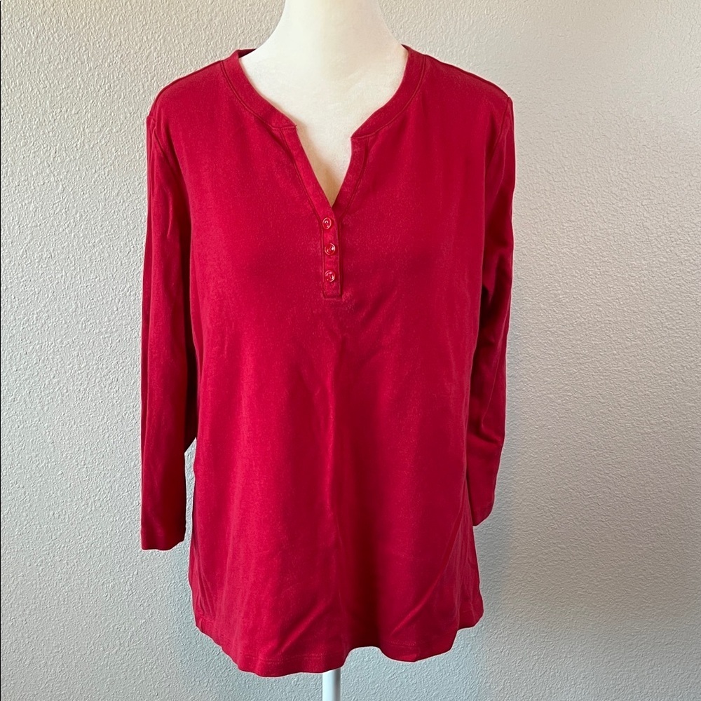 Kim Rogers Scoopneck Henley 3/4 Sleeve TShirt Red Size Medium